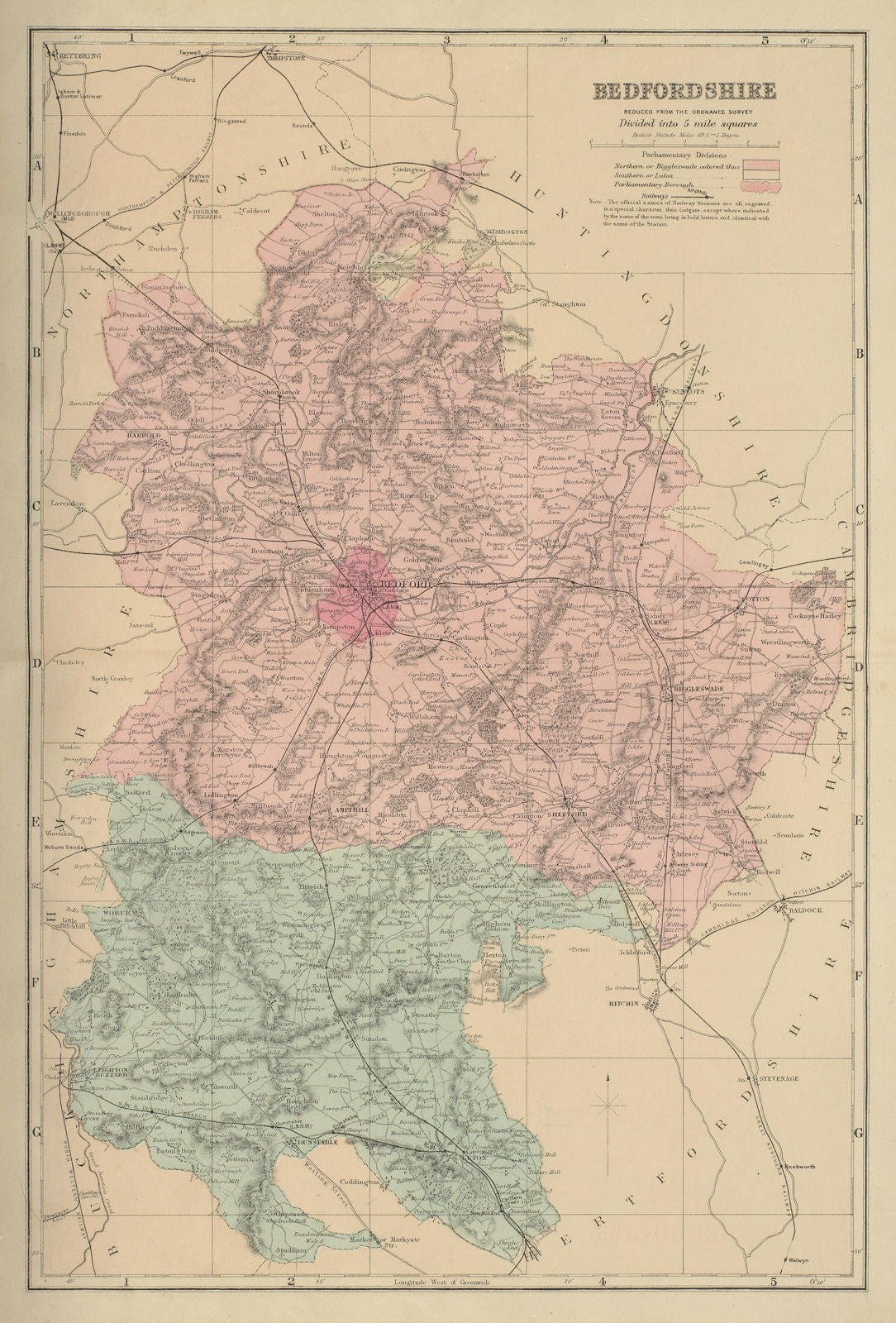 BEDFORDSHIRE antique county map by GW BACON 1885 old plan chart